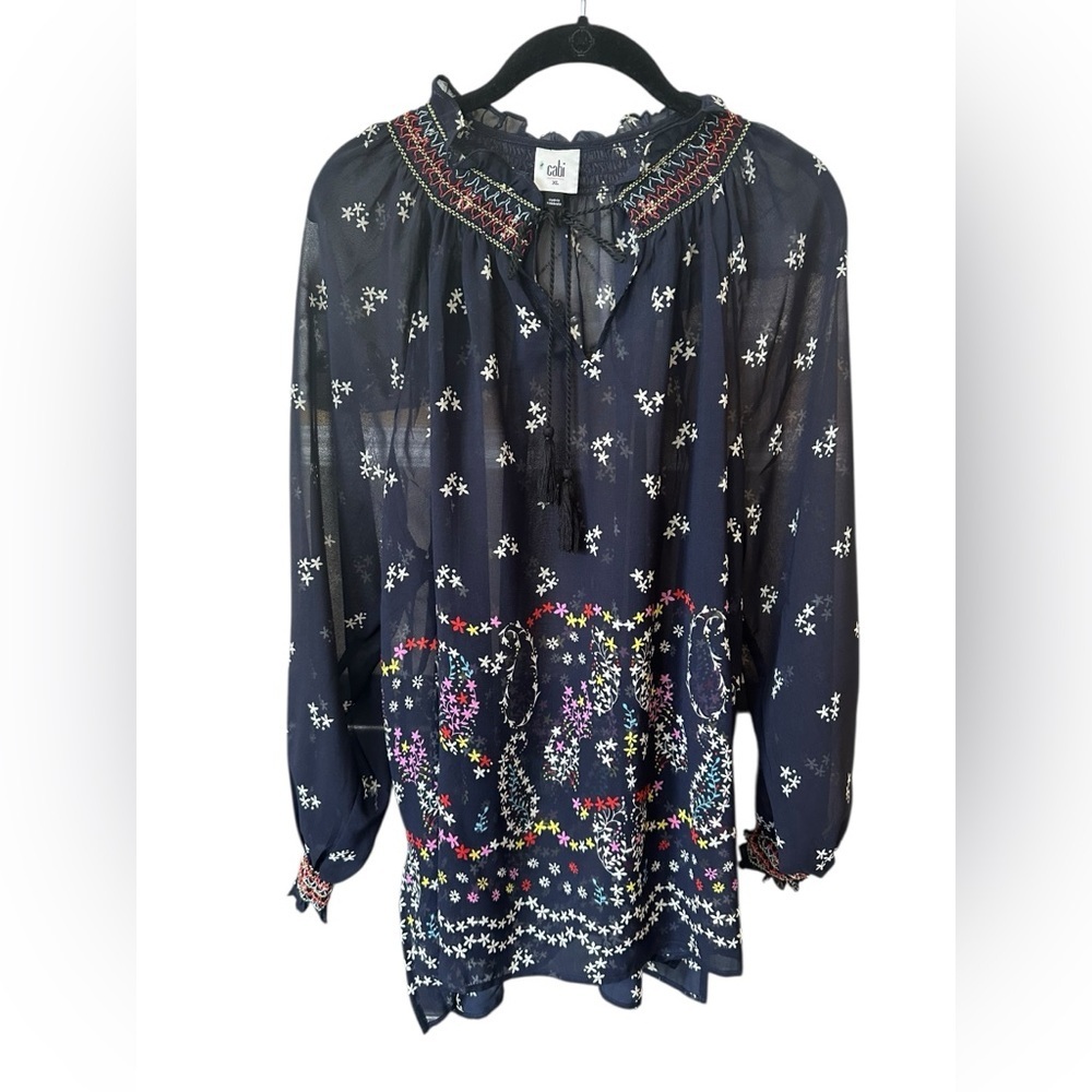 CAbi Blue Ruffled Blouse with Bib Collar size XL